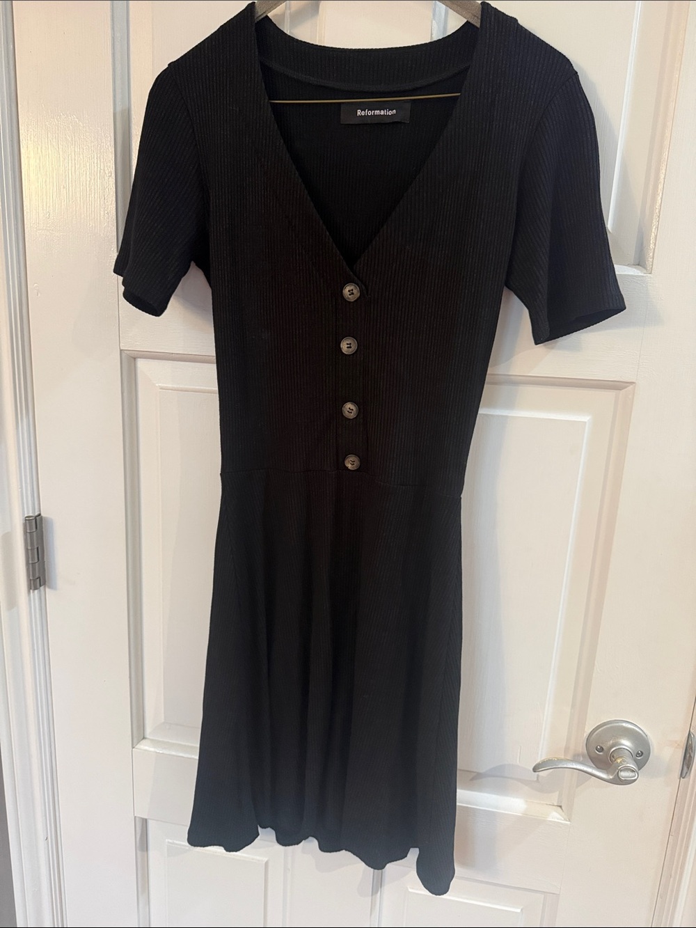 Reformation Black Ribbed V-Neck Button Mini Dress - Picture 3 of 3